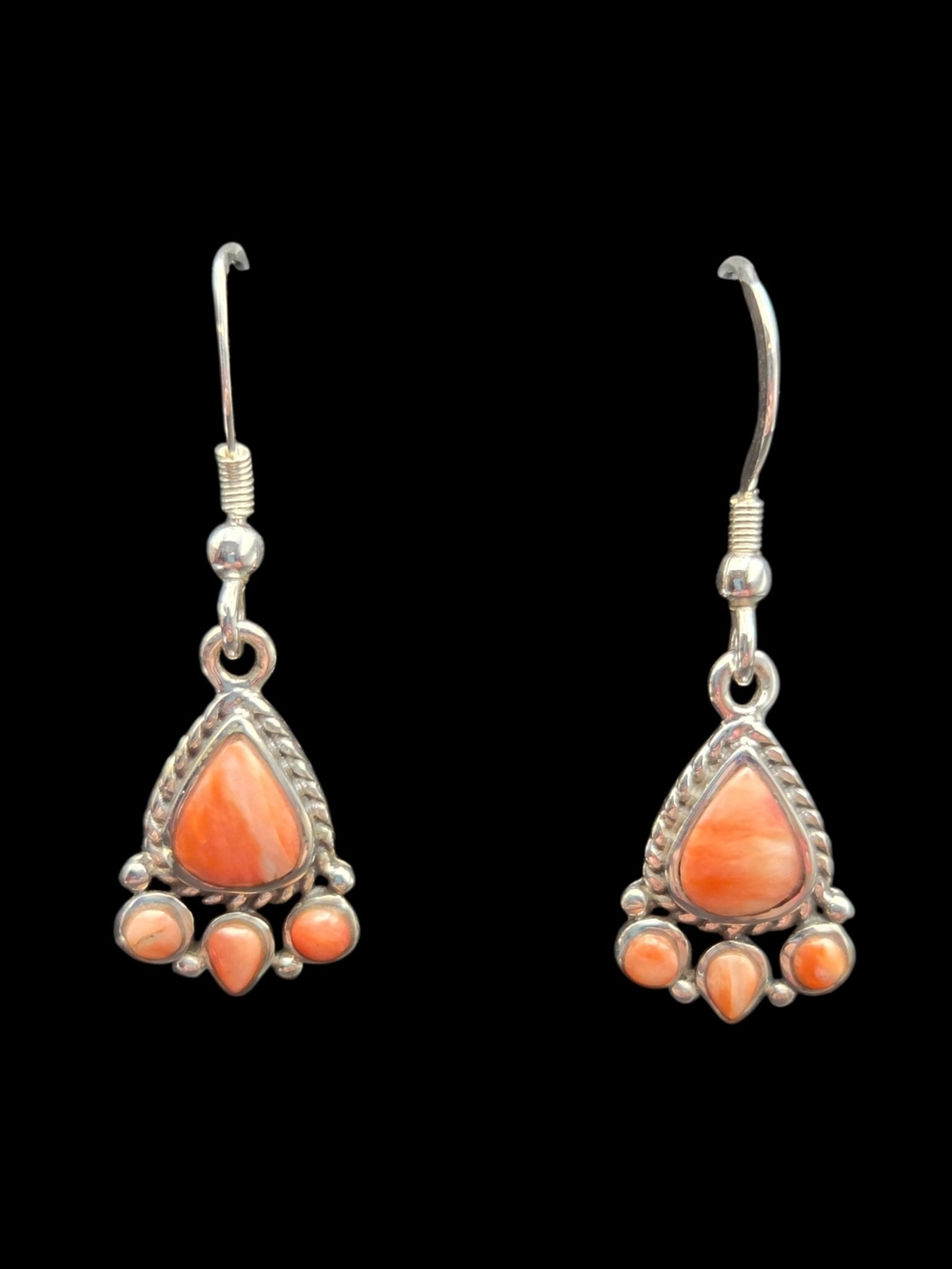 Silver Teardrop Orange Coral Dangle Earrings